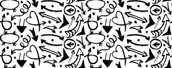 Vector seamless pattern with various charcoal arrows brush hand drawn. Seamless abstract geometric pattern in sketchy grunge style.Direction pointers, group of chalked arrows. 