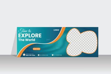Travel facebook cover or social media web banner vector design template with  tourism, colours, cover, discount, graphic, header, image, layout, package, page, photo, place,