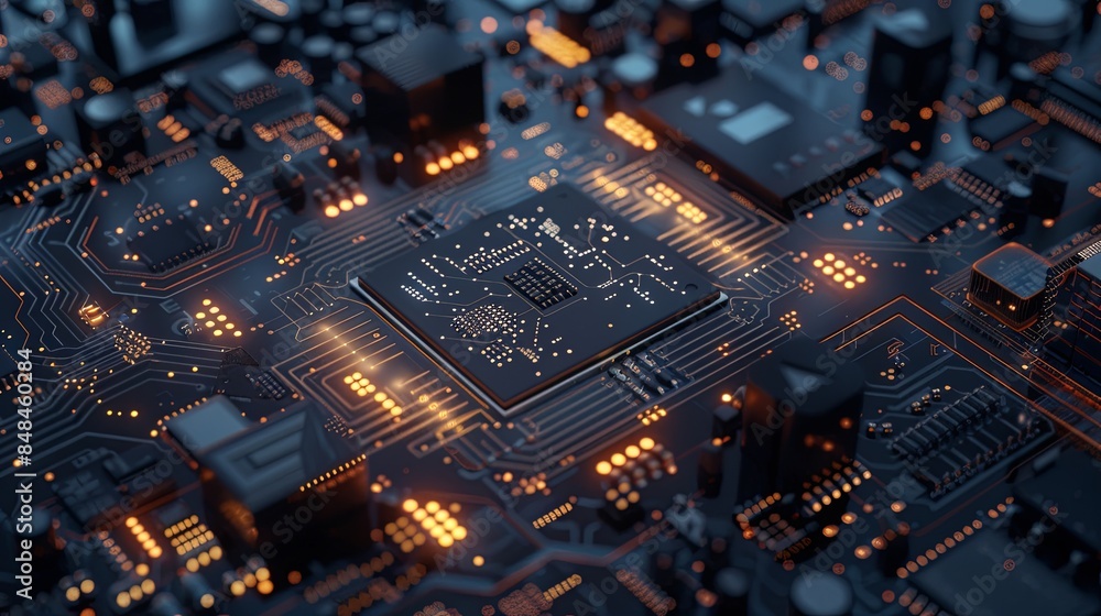 Poster a close-up of a modern microprocessor on a motherboard with intricate digital data streams and glowi