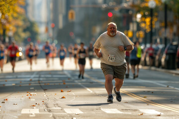 Overweight man running in a marathon on a city street, exemplifying determination and active lifestyle amidst other runners