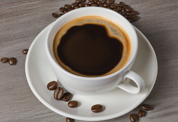 Obraz premium Generative AI creates enticing composition of coffee cup and beans viewed from above