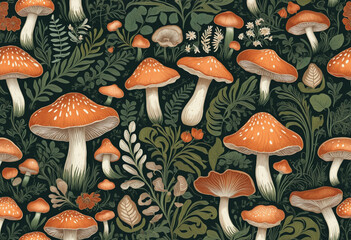 Autumn Fungal Forest Seamless Design Pattern