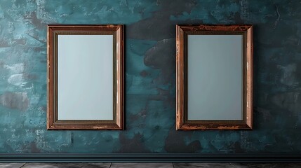 Two rustic copper frames on a dark cerulean wall, vintage style gallery mockup, high-resolution capture,