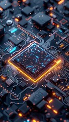 Fototapeta premium A close-up shot of a modern microprocessor, glowing brightly, surrounded by digital data streams and circuit boards. The image symbolizes the incredible power of AI processing. Generative AI