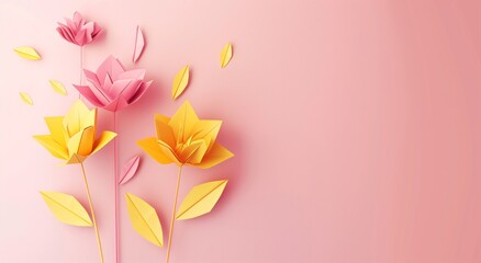Obraz premium yellow paper flower on pink background .Generative AI