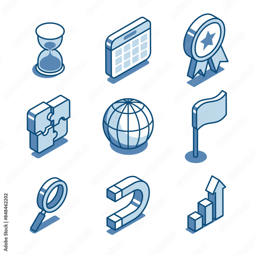 Poster isometric vector set of linear icons of puzzle and globe as well as flag and growing chart, in color
