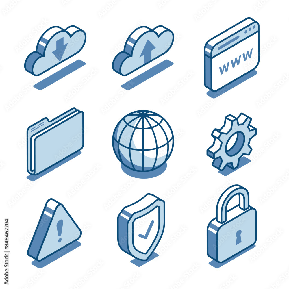 Poster isometric vector set of linear icons cloud and internet page as well as shield and lock, in color on