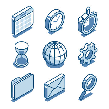 isometric vector set of linear icons calendar and clock as well as business folder with document and written envelope, in color on a white background, deadlines and time in business
