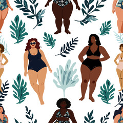 Happy girls. Body positive movement and beauty diversity. Seamless pattern. Vector illustration. Transparent background