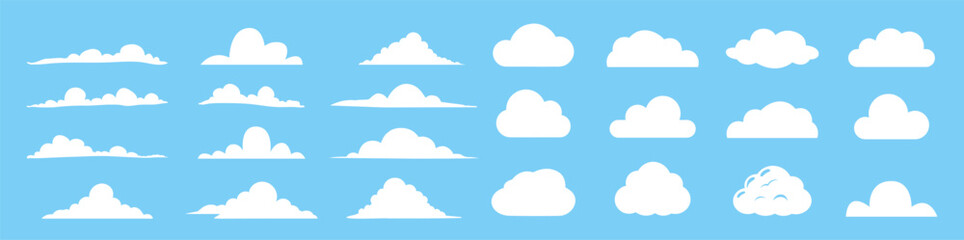 Big vector set of cloud shapes.  Simple cute cartoon design. Modern icon or logo collection
