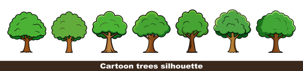Cartoon trees set isolated on a transparent background. Simple flat forest flora. Green trees vector icon set