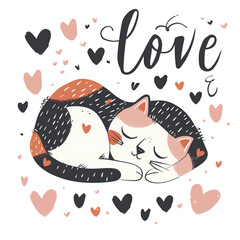 Sleeping Cat with Love Text and Hearts