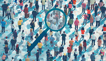 Businessman is studying a crowd of people with a magnifying glass. Hr search candidates for work, staff recruiting