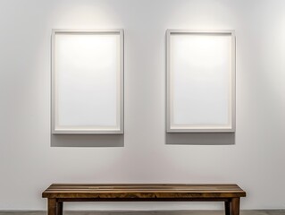 Two white frames on a pristine white wall, under subtle ambient lighting, with a wooden museum bench below.