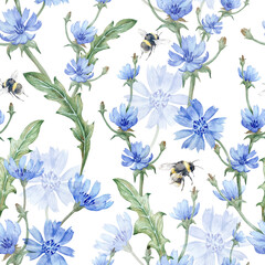 Floral watercolor seamless pattern with blue chicory flowers, green leaves, and bumblebee