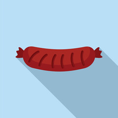 Single grilled sausage is lying on a blue background with a long shadow