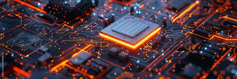 Poster an ultra-modern microprocessor is shown in a close-up view, surrounded by intricate digital data str
