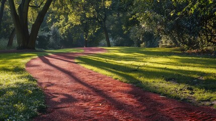 Obraz premium A crimson sand pathway in the park carefully crafted from compacted sand after cleaning