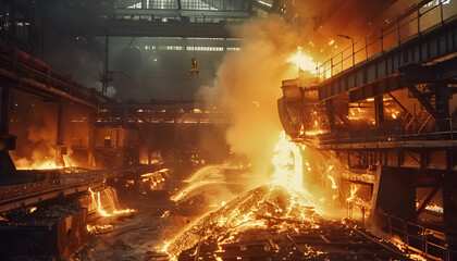 bustling steel factory where molten steel is being poured into molds, creating a mesmerizing display of flowing metal and precision work