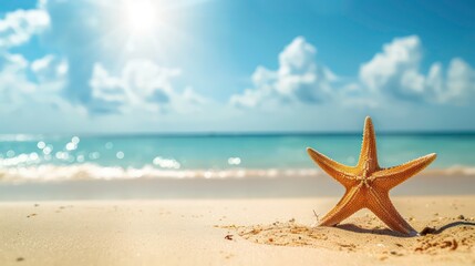 Sunny beach scene with a starfish, epitomizing summer vacation vibes. Generative AI