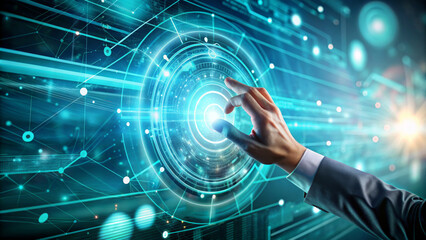 Fototapeta premium A person's hand is interacting with a futuristic holographic interface with digital data and connectivity patterns surrounding the central focus. The complex network of lights and lines.AI generated.