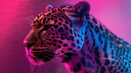 Obraz premium Template of a fierce leopard under colorful pink and blue neon light background, with copy space, studio shot. Generative AI