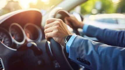 close up of hands of a businessman driving her car, modern successful transportation