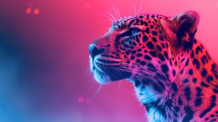 Template of a fierce leopard under colorful pink and blue neon light background, with copy space, studio shot. Generative AI