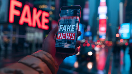 Mobile Phone with 'Fake News' in Urban Night Scene