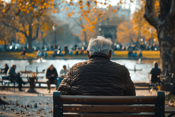 Elderly Man Sitting on Bench in Autumn Park