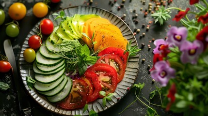 The restaurant menu cover features a plate with sliced ​​vegetables arranged on it. Generative AI