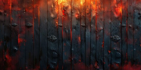 Close-up of black wooden planks with fiery red and orange lighting. Studio abstract texture photography., old wood background