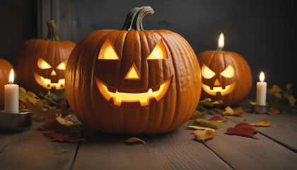 Fototapeta premium Spooky Jack-o-Lantern Scene with Halloween Pumpkins, Autumn Leaves, and Candles on a table with Copy Space available