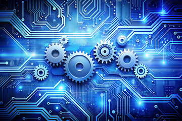 Obraz premium Innovation in Computer Data, Blue Banner Featuring Circuitry and Machine Cogs