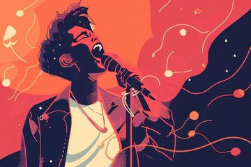 a man  singing into a microphone with a red background