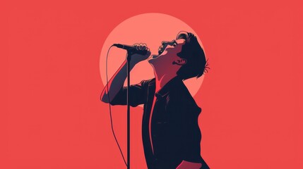 a singing into a microphone on a red background