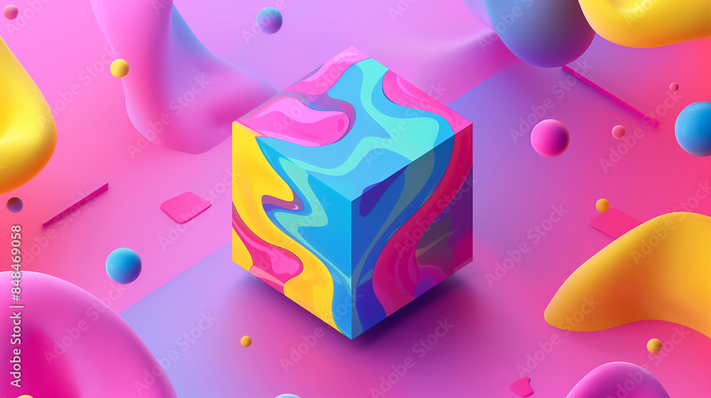 Aufkleber a colorful cube is surrounded by a variety of colorful spheres. the cube is the main focus of the im