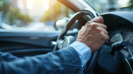 close up of hands of a businessman driving her car, modern successful transportation