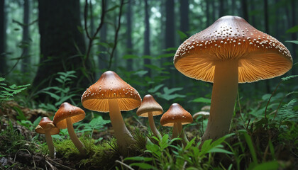 Fototapeta premium Enchanted Forest AI: The Fungal Singularity of a Colourful Mushroom World