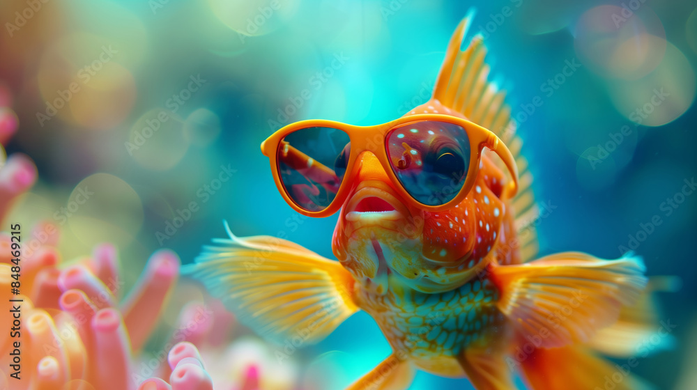 Poster A fish wearing sunglasses and a yellow shirt. The fish is in a blue ocean - Posters