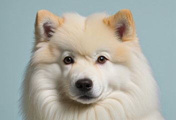 Fototapeta premium Portrait of a small Samoyed puppy with fluffy fur sitting on a yellow wicker chair in a closeup dog show setting