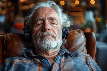 Obraz premium A man wearing headphones is relaxing in a chair. The chair is brown and has a plaid pattern