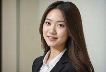 Portrait of a young Japanese professional in her 30s walking through the city in an elegant black suit with a radiant smile