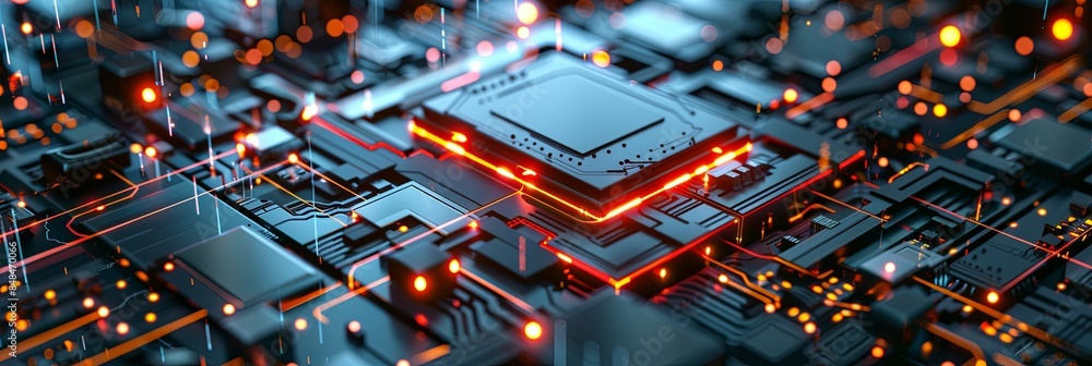 Poster A close-up view of a modern microprocessor on a motherboard, surrounded by intricate digital data streams and glowing light effects, symbolizing the processing power of AI. Generative AI