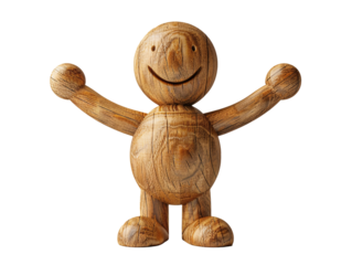 Wooden 3D Minimalist Figure Expressing Happiness on White Background