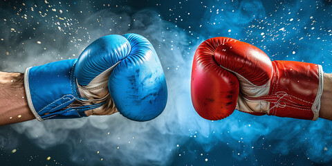 Red and blue gloves in boxing arena