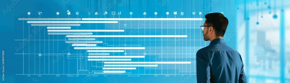 Poster businessman analyzing a digital project management schedule on a large screen. concept of modern bus