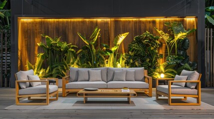 a modern garden terrace at night, featuring outdoor furniture, wooden cladding, and decorative plants in the background.