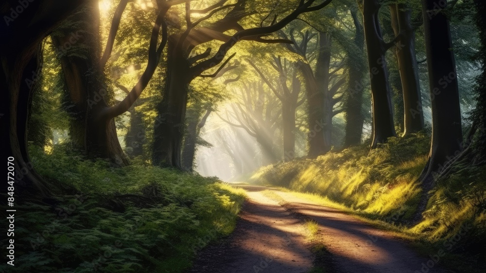 Poster enchanting forest pathway with beams of sunlight filtering through the trees, creating a mystical at