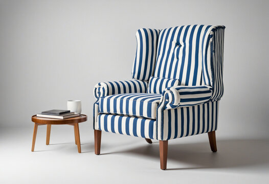 An AI-generated modern wingback chair in a classic blue and white striped design, perfect for contemporary interior decor - Powered by Adobe